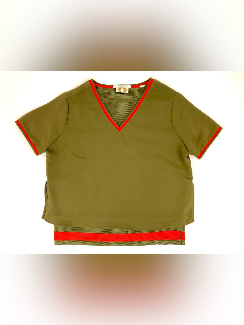 Scotch & Soda Olive Green Women’s V-Neck Top with Orange/Red Trim